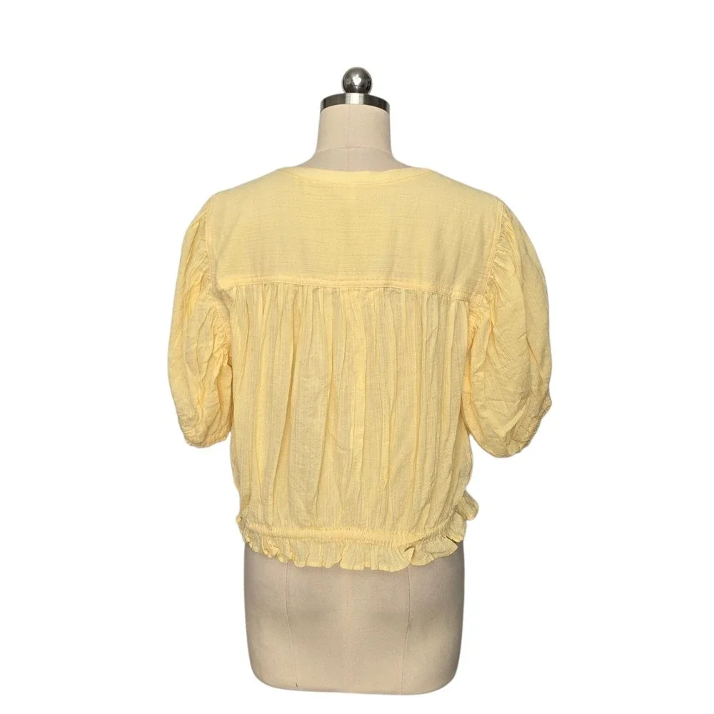Free People Banana Cream Gauze Puff Sleeve Peplum Blouse Sz Large Butter Yellow